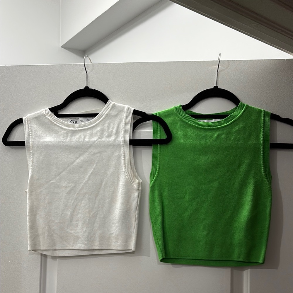 Zara White and Green Sleeveless Tops
